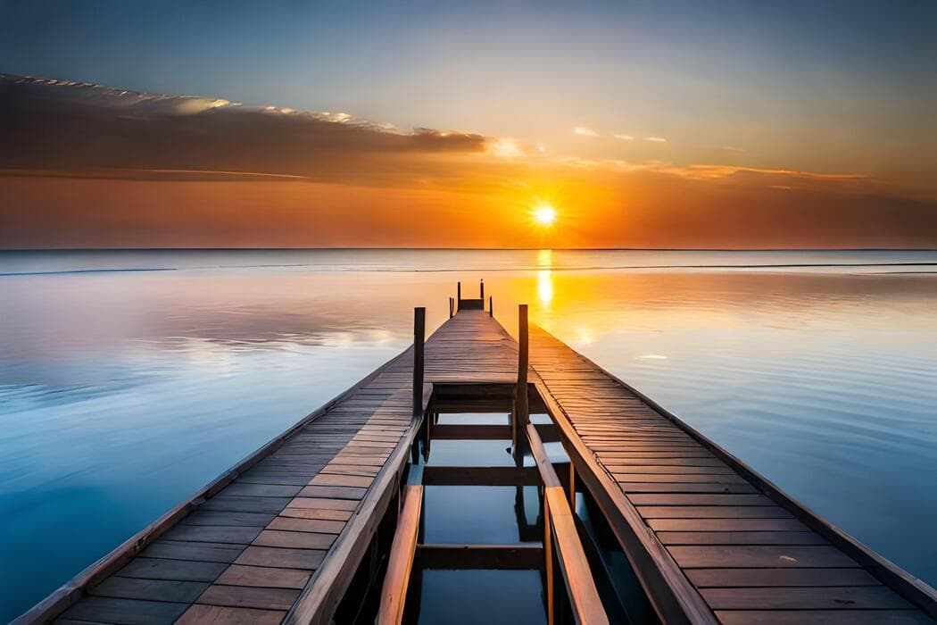A wooden dock extending into the ocean at sunset